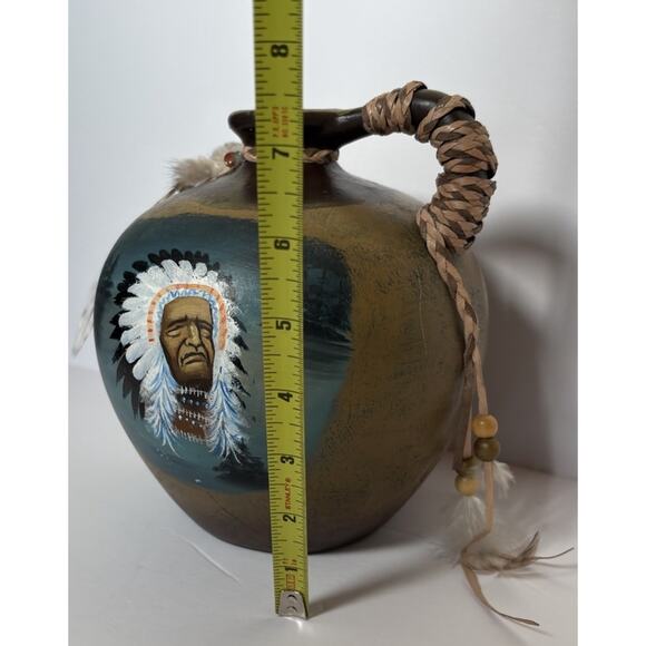 Hand Painted Ceramic Jug Indian Chief Leather Straps Feathers & Beads 7.5"H - Picture 2 of 16
